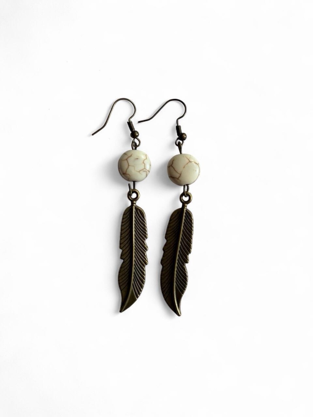 Handmade Boho Bronze Feather & White Stone Dangle Earrings